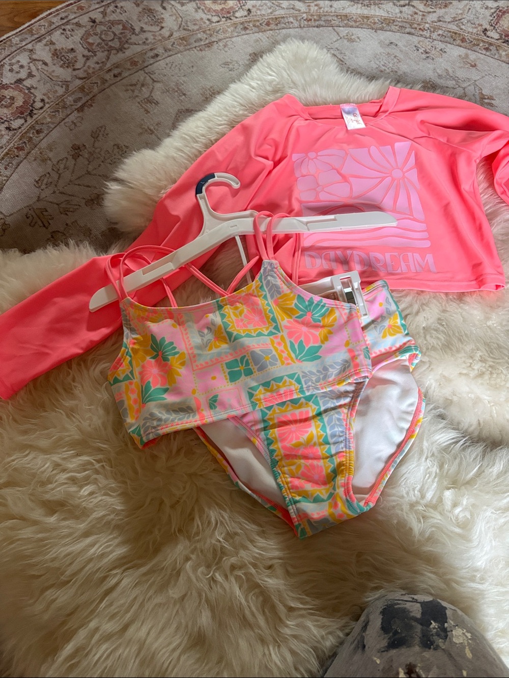 Cat & Jack Neon Pink Rash Guard with Pastel Floral Two-Piece Swim Set